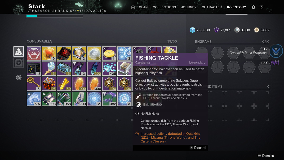 A look at the Fishing Tackle menu in Destiny 2: Season of the Deep