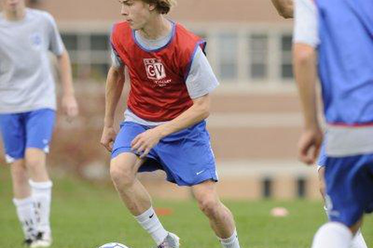 FC DELCO midfielder Jimmy McLaughlin had a weekend to remember. Seen here in training with Great Valley High School. Wait, that's where I went to high school. Go Patriots! (Courtesy of Amy Dragoo, Daily Local News)