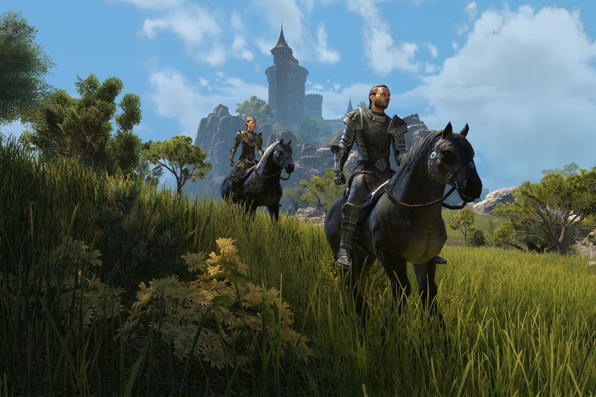 Two knights in chain mail on horseback with a castle in the distance
