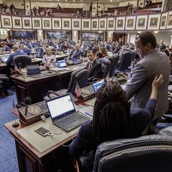 Florida Rep. Patricia Williams (D-Ft. Lauderdale), foreground, pats Rep. Roy Hardemon (D-Miami) on the back aster Hardemon said he got rid of his guns during the school safety debate on the House floor at the Florida Capital in Tallahassee, Fla., Wednesday March 7, 2018. (AP Photo/Mark Wallheiser)