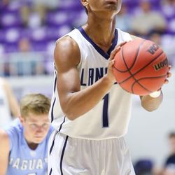 Layton's Julian Blackmon (1) concentrates for another free throw at the Class 5A State basketball tournament Tuesday, March 1, 2016, at Weber State. Layton advances with a solid 54-38 win over West Jordan.