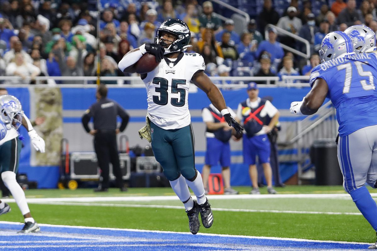Philadelphia Eagles running back Boston Scott (35) runs for a touchdown during the first quarter against the Detroit Lions at Ford Field.