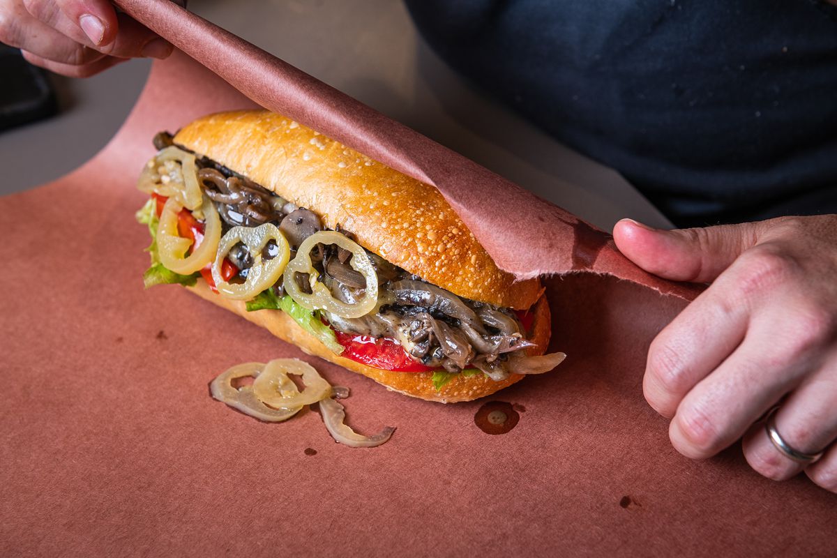 A vegan cheesesteak with mushrooms and sunflower seed-based whiz from Oyster Oyster