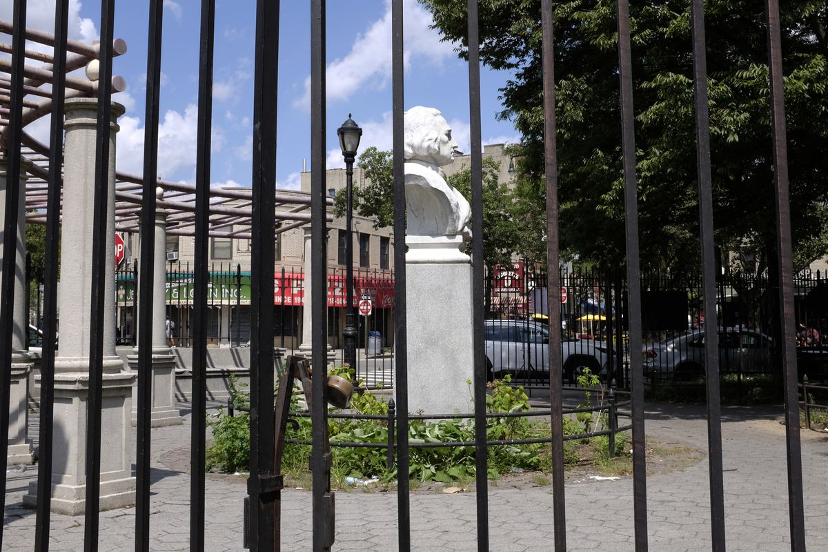 A statue of Christopher Columbus in D’Auria-Murphy Triangle in the Little Italy section of The Bronx, Aug. 24, 2020.