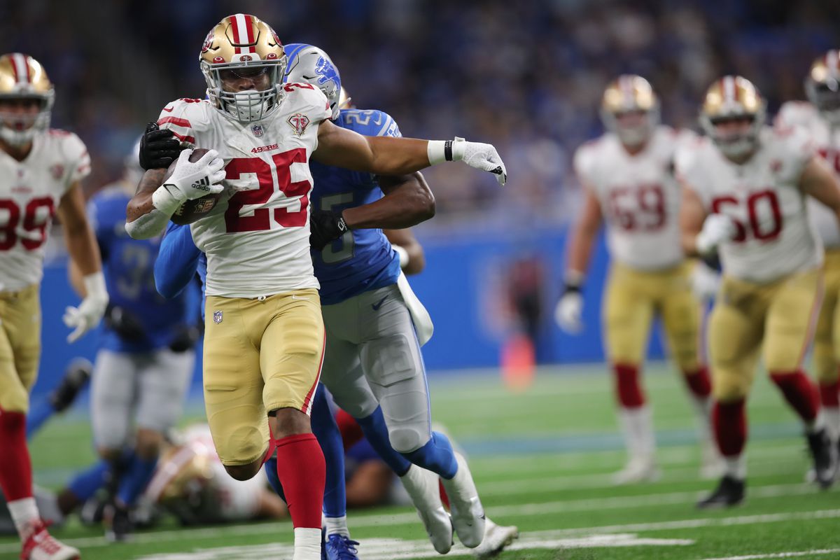 Elijah Mitchell #25 of the San Francisco 49ers rushes for a 38-yard touchdown during the game against the Detroit Lions at Ford Field on September 12, 2021 in Detroit, Michigan. The 49ers defeated the Lions 41-33.