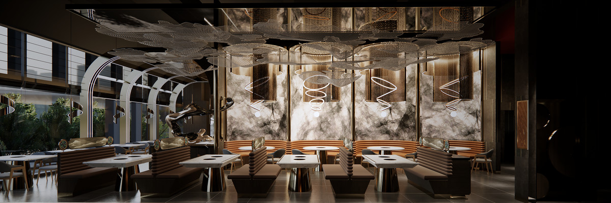 A rendering of a hot pot restaurant with black and white furnishings. 