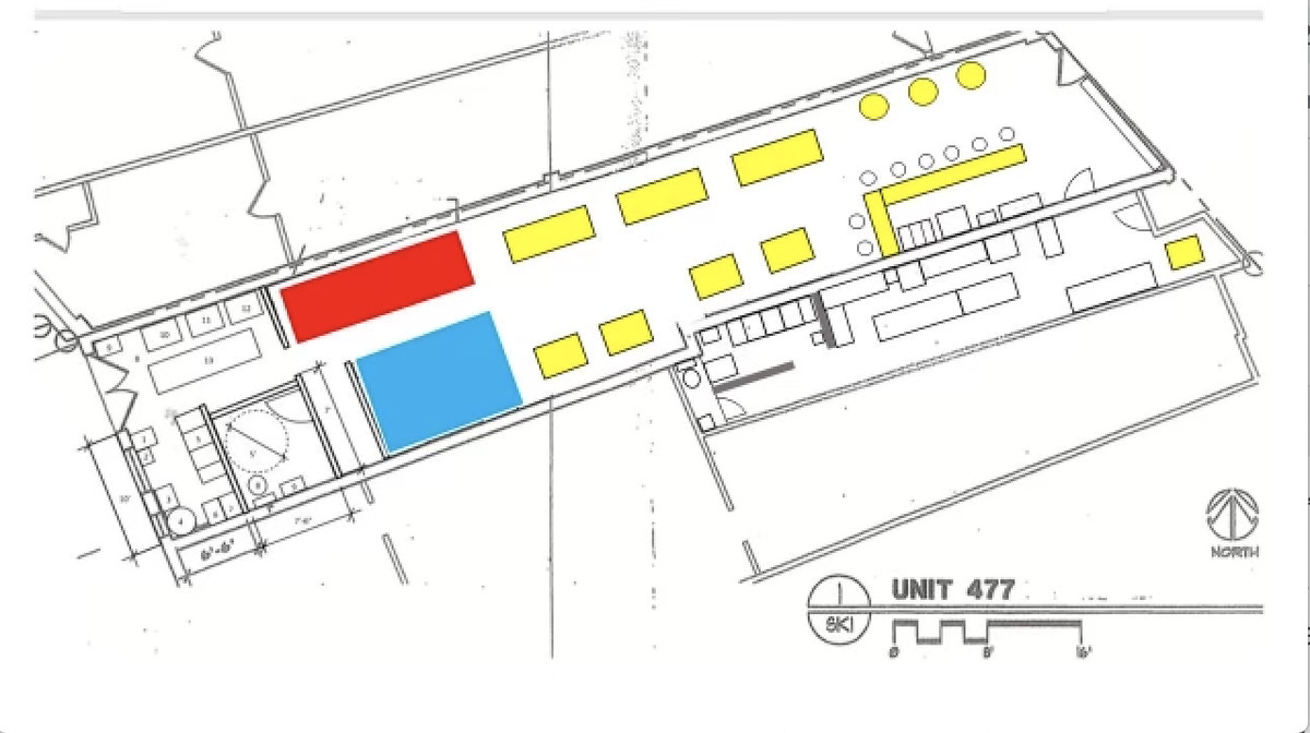 The floor plan for Qommunity in East Atlanta Village shows Poke Burri in blue, Lifting Noodles Ramen in red, and communal seating in yellow. 