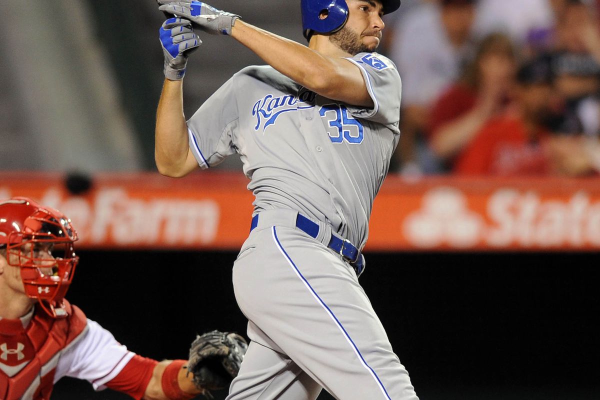 Jul 24, 2012; Anaheim, CA, USA; Kansas City Royals first baseman Eric Hosmer (35) hits a triple against the Los Angeles Angels during the sixth inning at Angel Stadium of Anaheim. Mandatory Credit: Kelvin Kuo-US PRESSWIRE