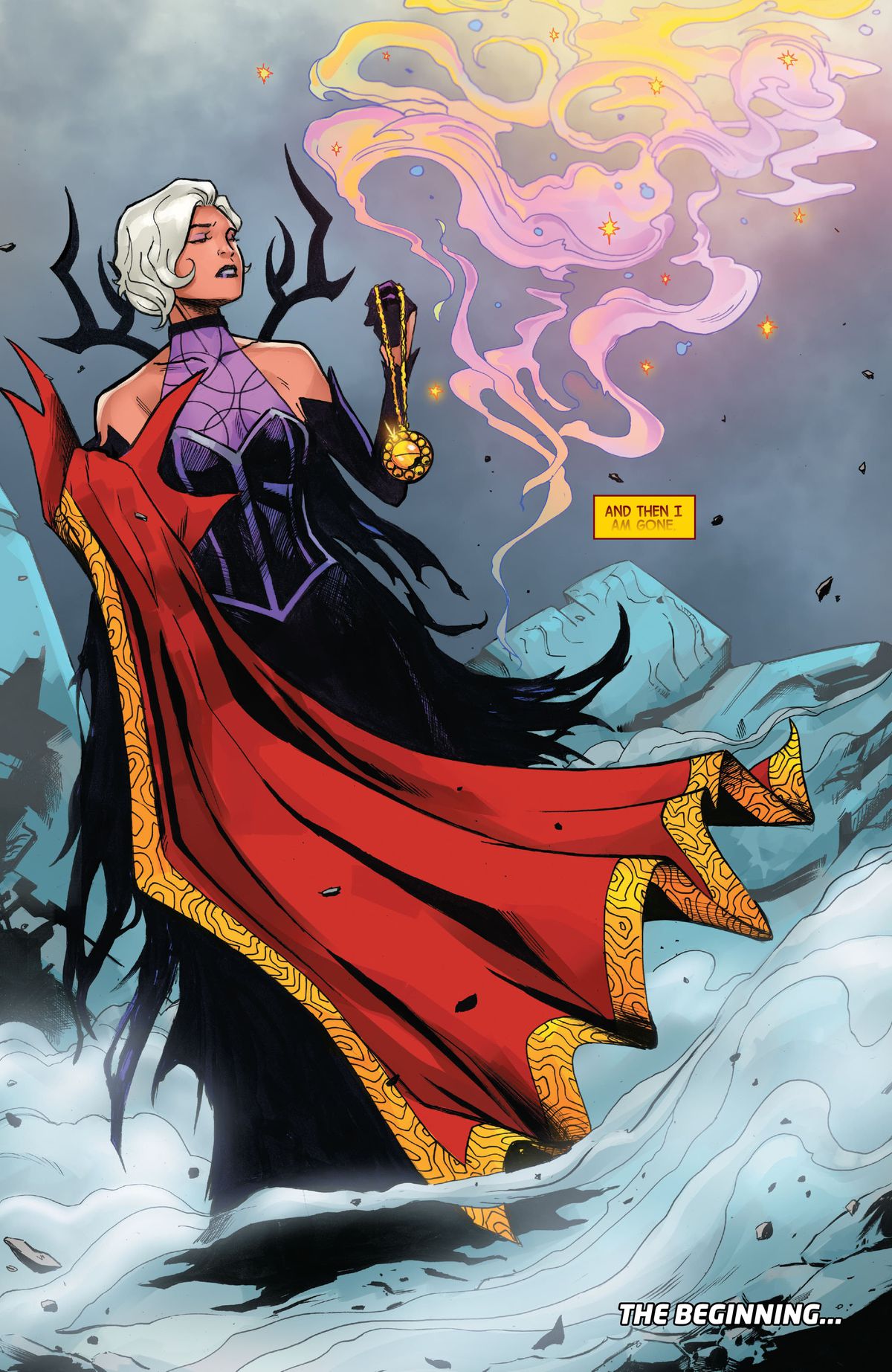 The sorceress Clea stands holding Doctor Strange’s cape and the Eye of Agamotto in The Death of Doctor Strange #5 (2022). 