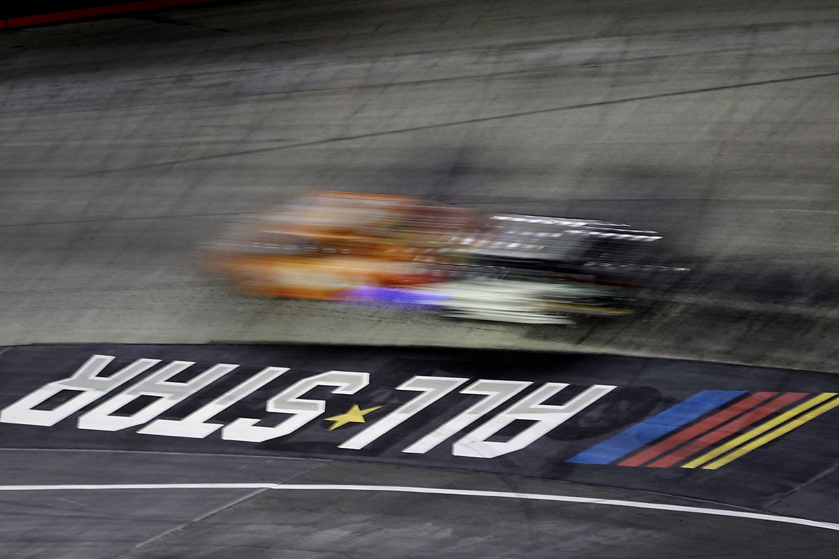 Cars race during the NASCAR Cup Series All-Star Race at Bristol Motor Speedway on July 15, 2020 in Bristol, Tennessee.