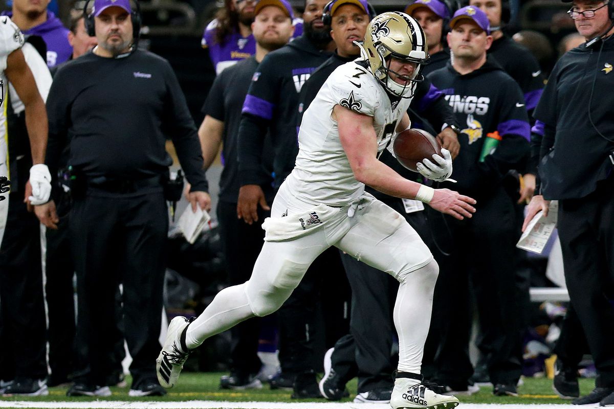 Taysom Hill of the New Orleans Saints runs after a catch in the NFC Wild Card Playoff game against the Minnesota Vikings at Mercedes Benz Superdome on January 05, 2020 in New Orleans, Louisiana.