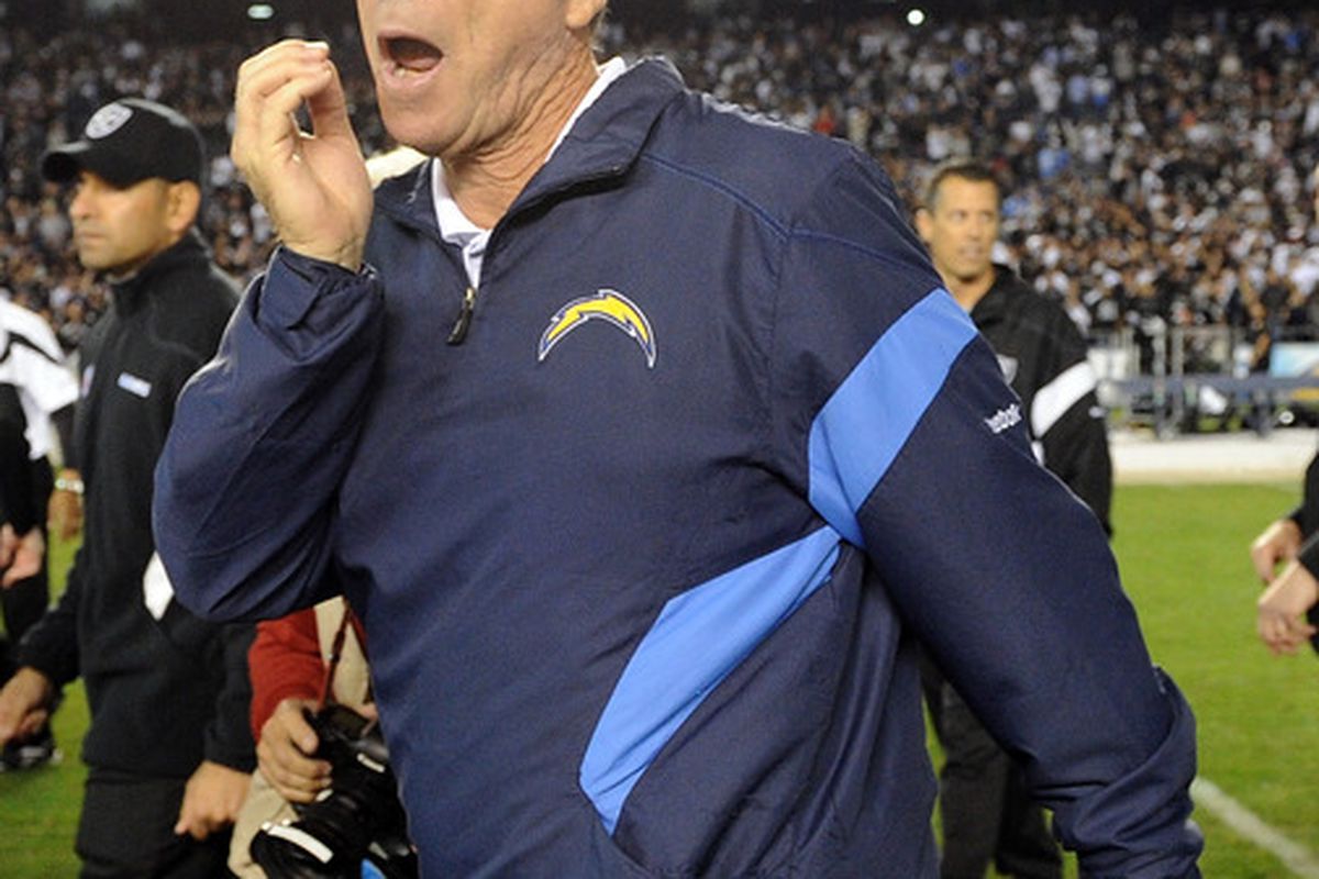 Head coach Norv Turner of the San Diego Chargers reacts to a 24-17 loss to the Oakland Raiders as he leaves the field at Qualcomm Stadium 