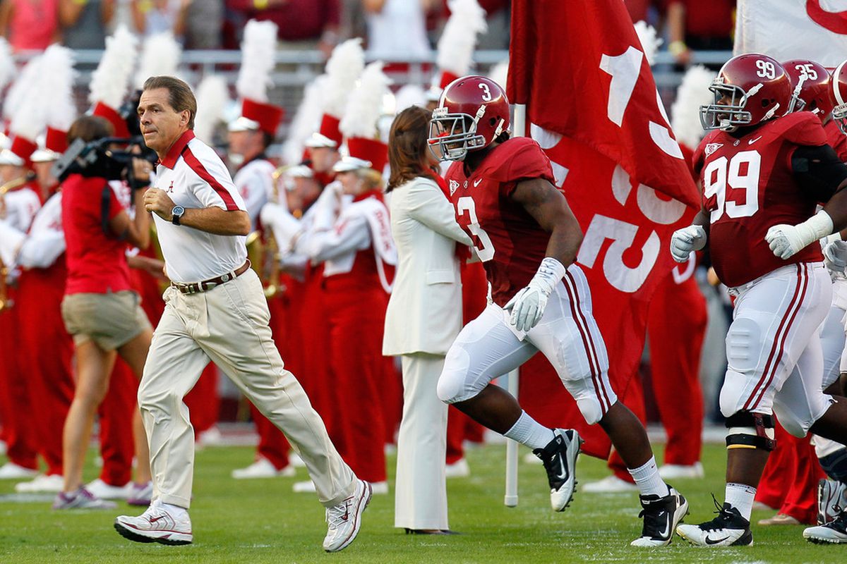 TUSCALOOSA, AL - OCTOBER 08:  Head coach Nick Saban of the Alabama Crimson Tide leads his team on the field to face the Vanderbilt Commodores at Bryant-Denny Stadium on October 8, 2011 in Tuscaloosa, Alabama.  (Photo by Kevin C. Cox/Getty Images)