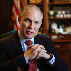 Environmental Protection Agency Administrator Scott Pruitt speaks to members of the media at the state Capitol in Salt Lake City on Tuesday, July 18, 2017.  Pruitt is in Utah meeting with the governor, ranchers and state regulators.
