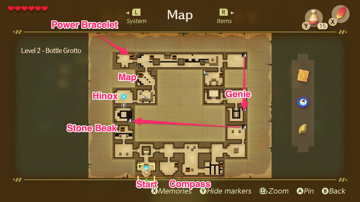 Link’s Awakening Bottle Grotto map with items and boss fights marked