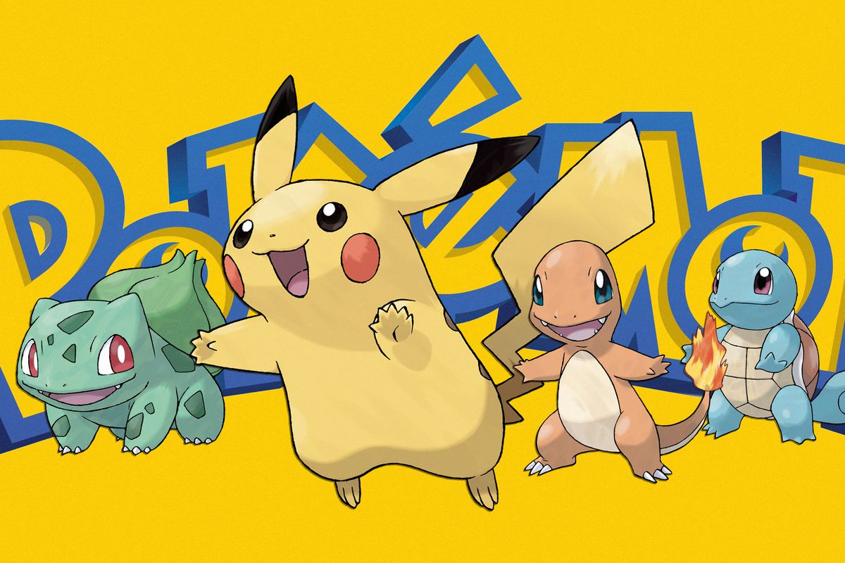 Graphic featuring Pokemon characters on a yellow background and the Pokemon logo
