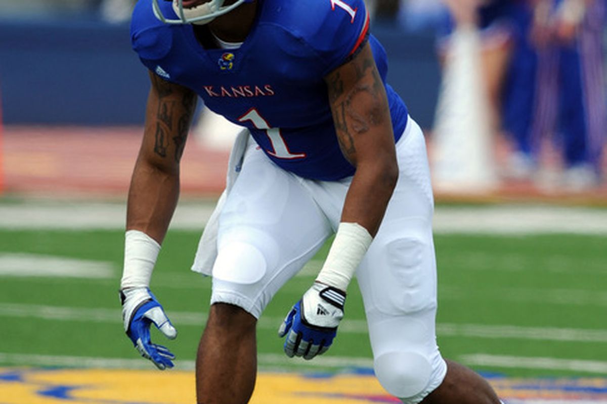Apr 28, 2012; Lawrence, KS, USA; Kansas Jayhawks safety Lubbock Smith (1) in the first half of the Spring Game at Memorial Stadium. Mandatory Credit: John Rieger-US PRESSWIRE