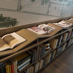 Books on display in the lobby space. They included books on Zachary Taylor Davis, architecture and design