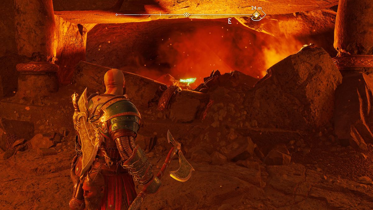 Kratos takes aim at one of Odin’s Ravens in a volcano