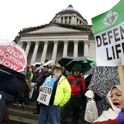 FILE - In this Jan. 19, 2016, file photo, demonstrators opposing abortion take part in a rally at the Capitol, in Olympia, Wash. If a Supreme Court majority shaped by President Donald Trump overturns or weakens the right to abortion, the fight over its legalization could return to the states. (AP Photo/Ted S. Warren, File)