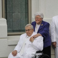 Elder Boyd K. Packer and his wife, Donna, and son Allan F. Packer at the dedication of the Brigham City Temple.