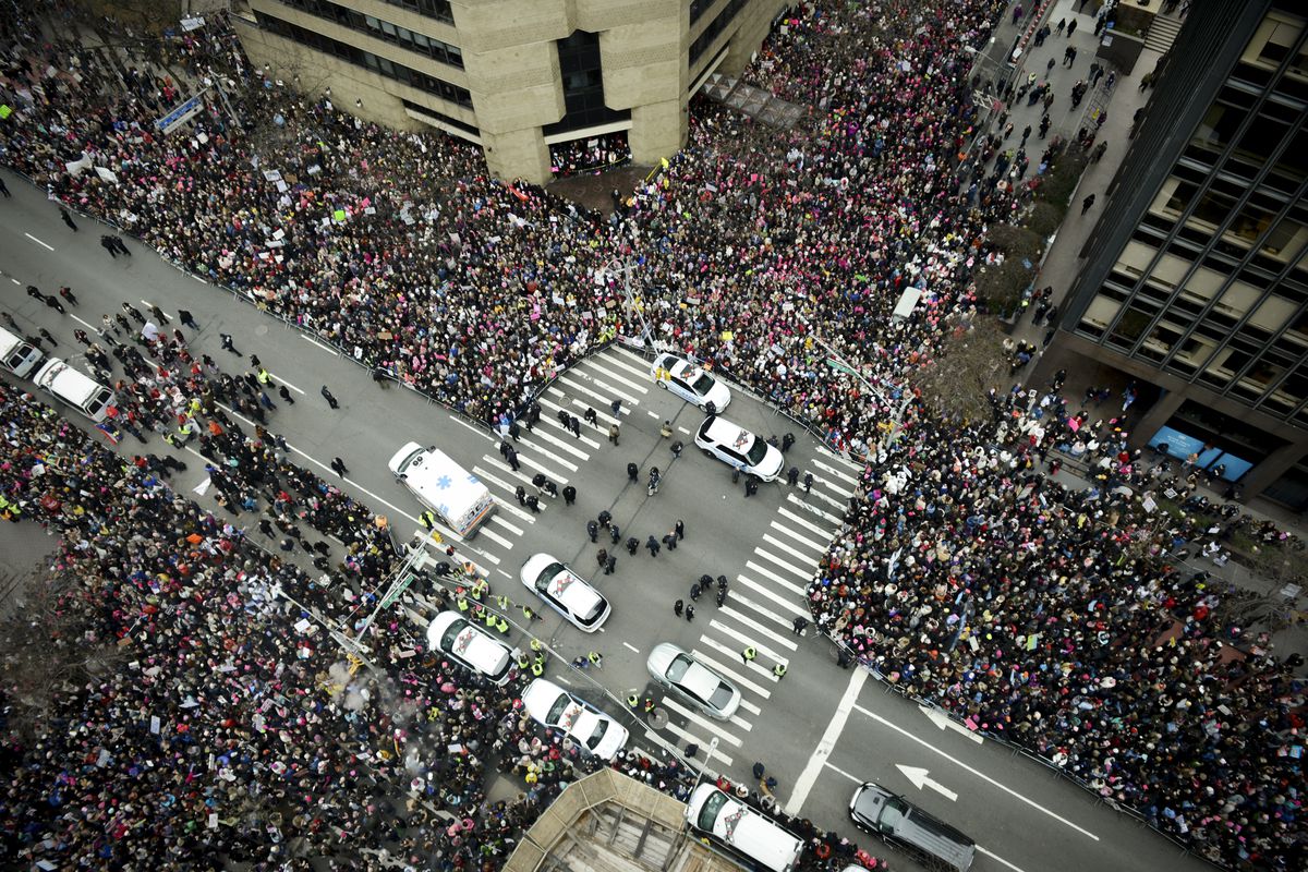 Thousands of participants converge on Dag Hammarskjold Plaza and 2nd Avenue during the Women's March in New York City on January 21, 2017.