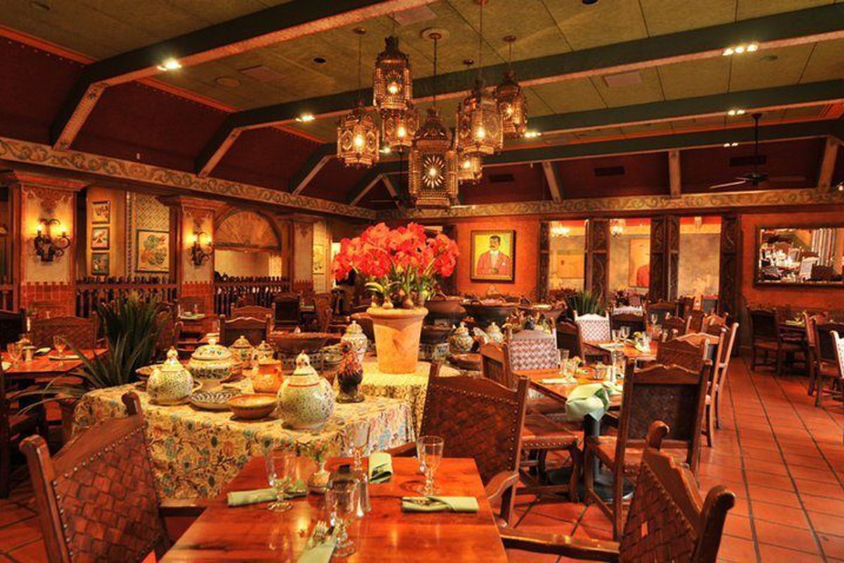 Fonda San Miguel's dining room, decorated with a rotating selection of authentic Mexican art curated by owner Tom Gilliland, is lively and inviting, lending a certain old-world gravitas to every meal.