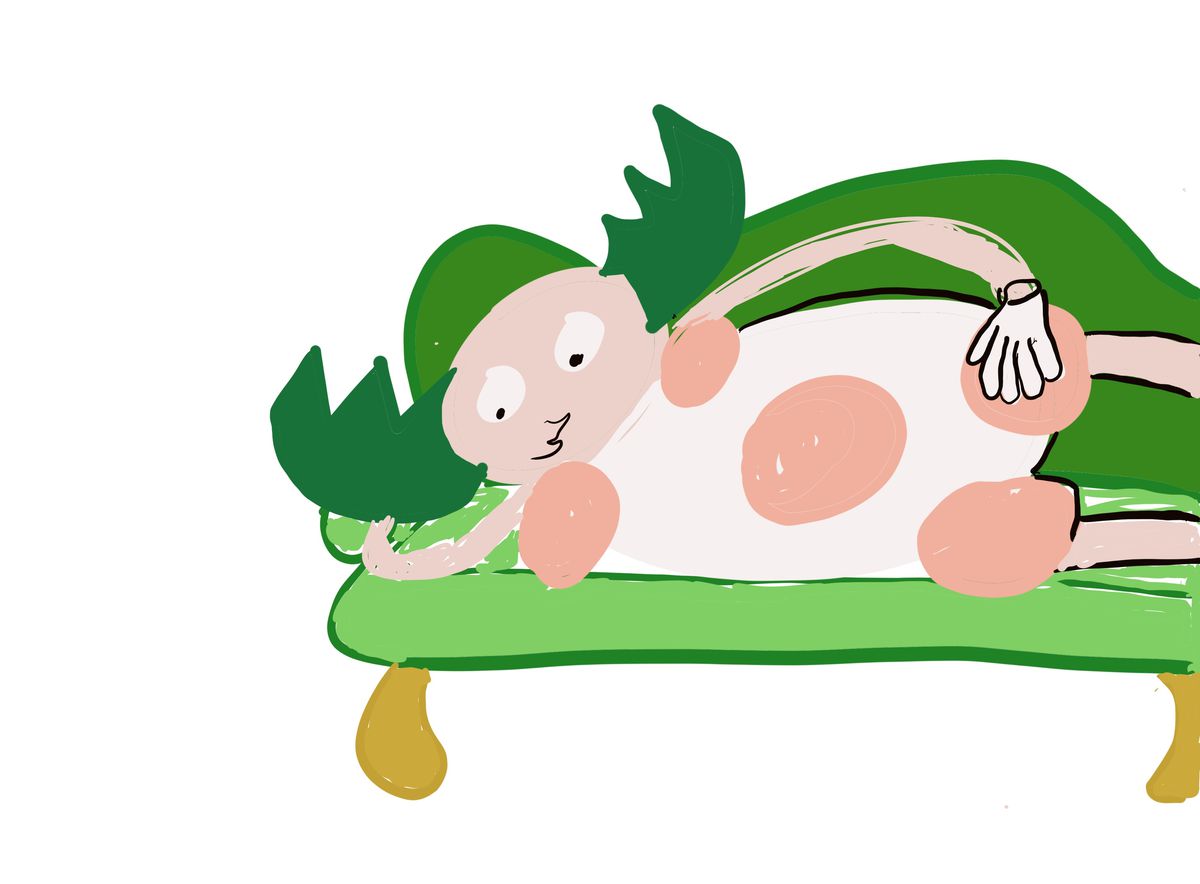 a mr. mime pursing its lips and lounging on a green couch
