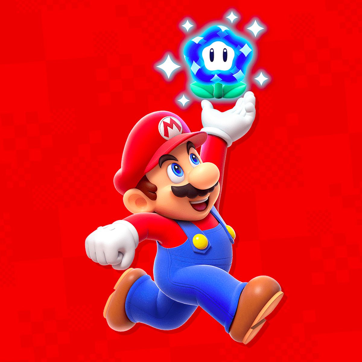Mario, jumping and reaching for a Wonder Flower, in artwork from Super Mario Bros. Wonder