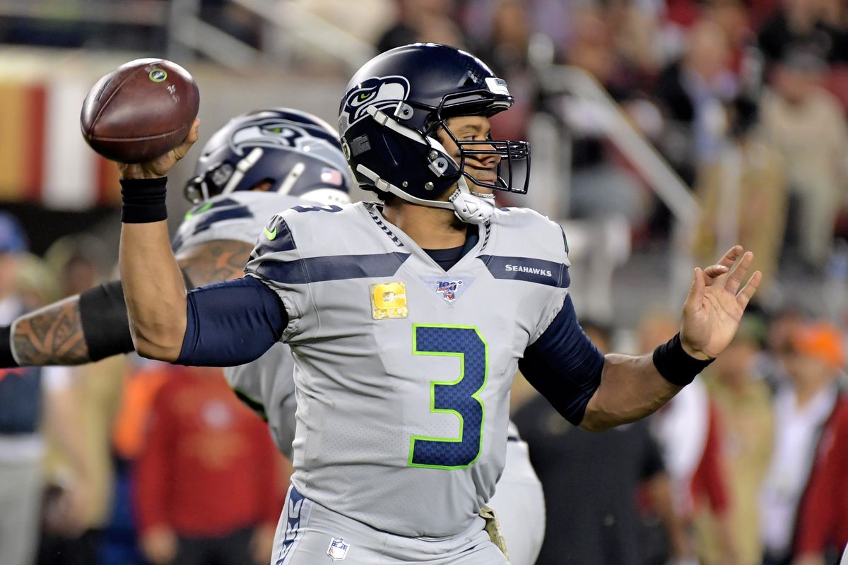 Seattle Seahawks quarterback Russell Wilson throws a pass against the San Francisco 49ers during the first half at Levi’s Stadium.