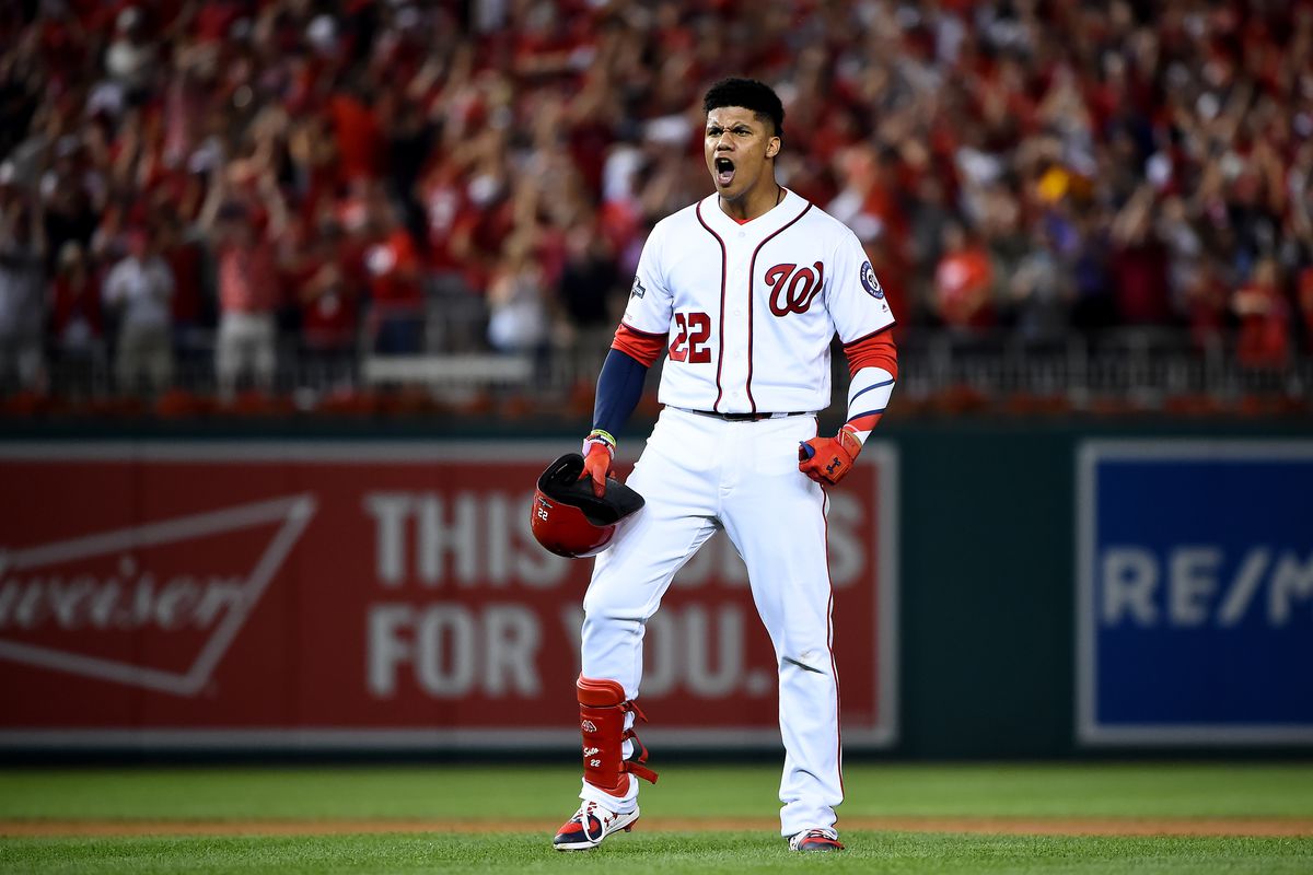Washington Nationals OF Juan Soto celebrates after hitting a single to right field to score 3 runs off of an error by Milwaukee Brewers OF Trent Grisham during the eighth inning in the National League Wild Card game at Nationals Park on October 01, 2019.