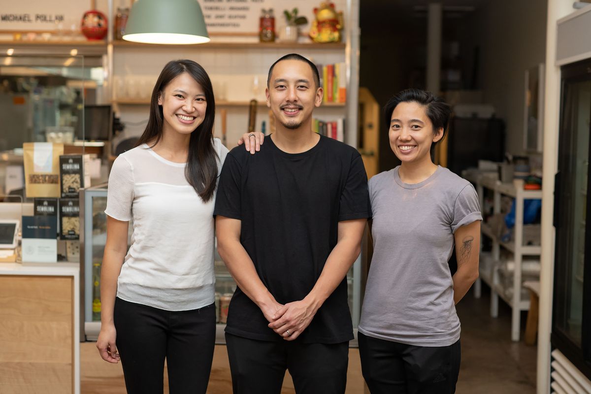 Left to right: front-of-house lead Maggie Ho, chef-owner Chris Yang, and chef de cuisine Elaine Chang.