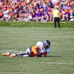 Safety for the Broncos Darian Stewart smiles as he falls on a tough loose ball.