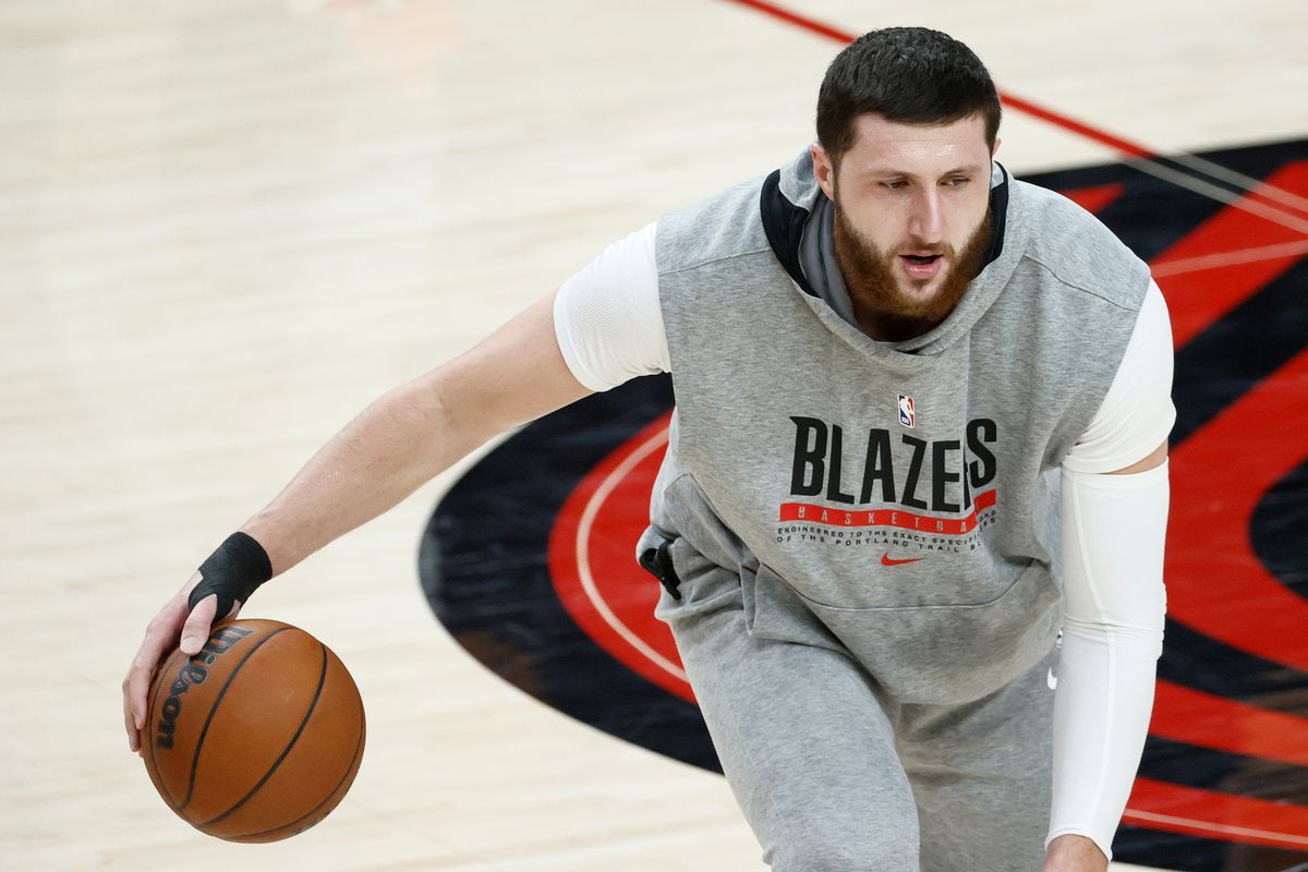 Jusuf Nurkic of the Portland Trail Blazers warms up before the game against the Dallas Mavericks at Moda Center on March 19, 2021 in Portland, Oregon.