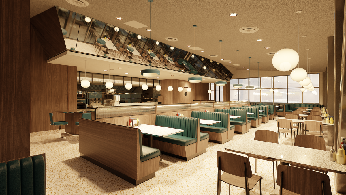 A rendering of a ‘70s’style lunch counter.