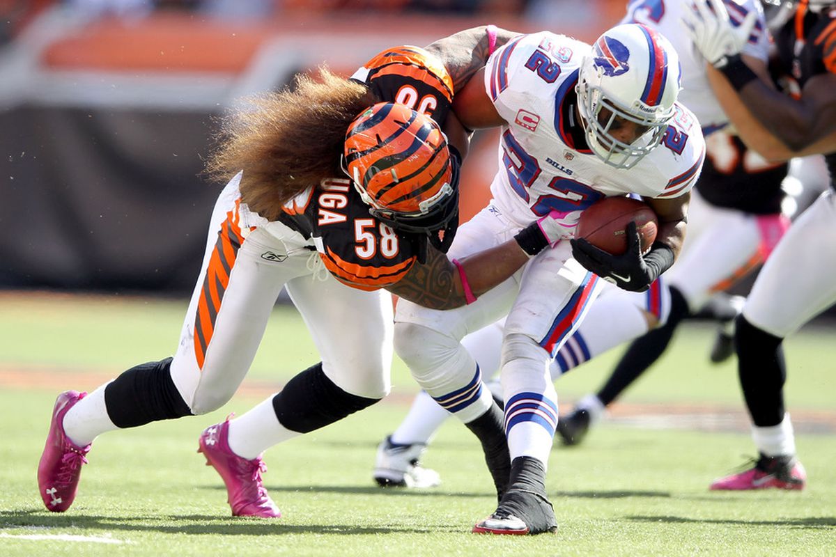 CINCINNATI, OH - OCTOBER 02:  Fred Jackson #22 of the Buffalo Bills is tackled by Rey Maualuga #58 of the Cincinnati Bengals during the game at Paul Brown Stadium on October 2, 2011 in Cincinnati, Ohio.  (Photo by Andy Lyons/Getty Images)