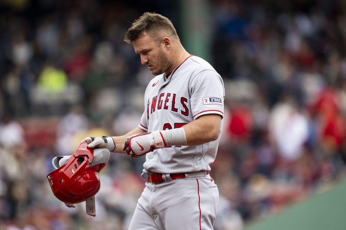 Mike Trout of the Los Angeles Angels of Anaheim reacts during the fourth inning of a game against the Boston Red Sox on April 16, 2023 at Fenway Park in Boston, Massachusetts.