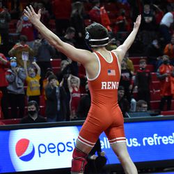 Nebraska freshman Jeremiah Reno celebrates after getting his first career Big Ten win against Illinois’ Dane Durlacher in a dual on Feb. 13, 2022 at the Bob Devaney Sports Center.