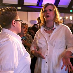 Lauren Littlefield, director of the Utah Democratic Party, talks to Democratic U.S. Senate candidate Misty Snow at the Utah Democrats' election night party at the Sheraton in Salt Lake City on Tuesday, Nov. 8, 2016.