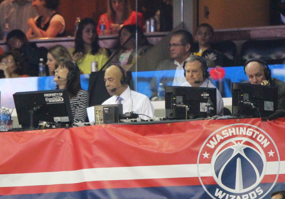 Steve Buckhantz and Phil Chenier call a Wizards game at Verizon Center