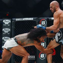 Benson Henderson dives for a takedown on Saad Awad at Bellator 208 at the Nassau Coliseum in Uniondale, N.Y.