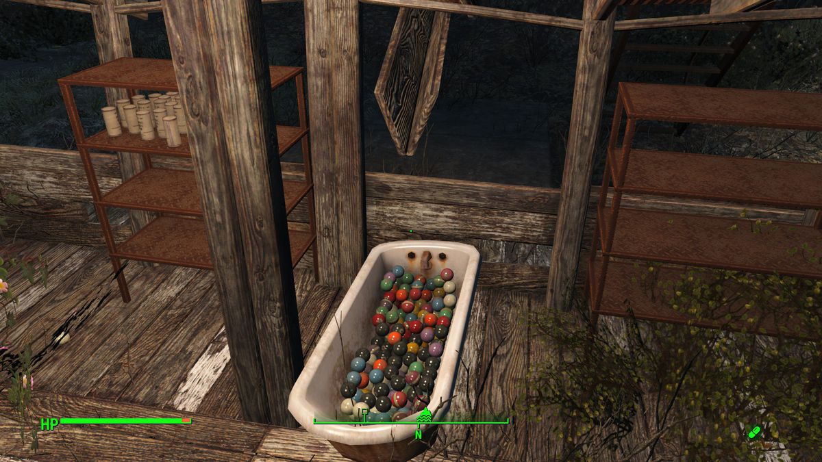 A collection of balls in Fallout 4, kept in a bathtub