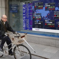 A man cycles past an electronic stock indicator in Tokyo, Wednesday, Feb. 4, 2015. Asian stock markets rose Wednesday after a jump in oil prices helped push U.S. shares sharply higher and Japanese economic data showed improvement.  Japan's Nikkei 225 stock index surged 342.89 points or 1.98 percent and closed at 17,678.74. 