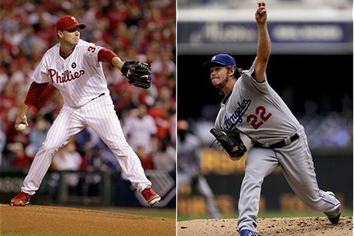 Roy Halladay of the Philadelphia Phillies and Clayton Kershaw of the Los Angeles Dodgers (Halladay photo by Rob Carr, Getty Images; Kershaw photo by Andy Hayt, Getty Images)