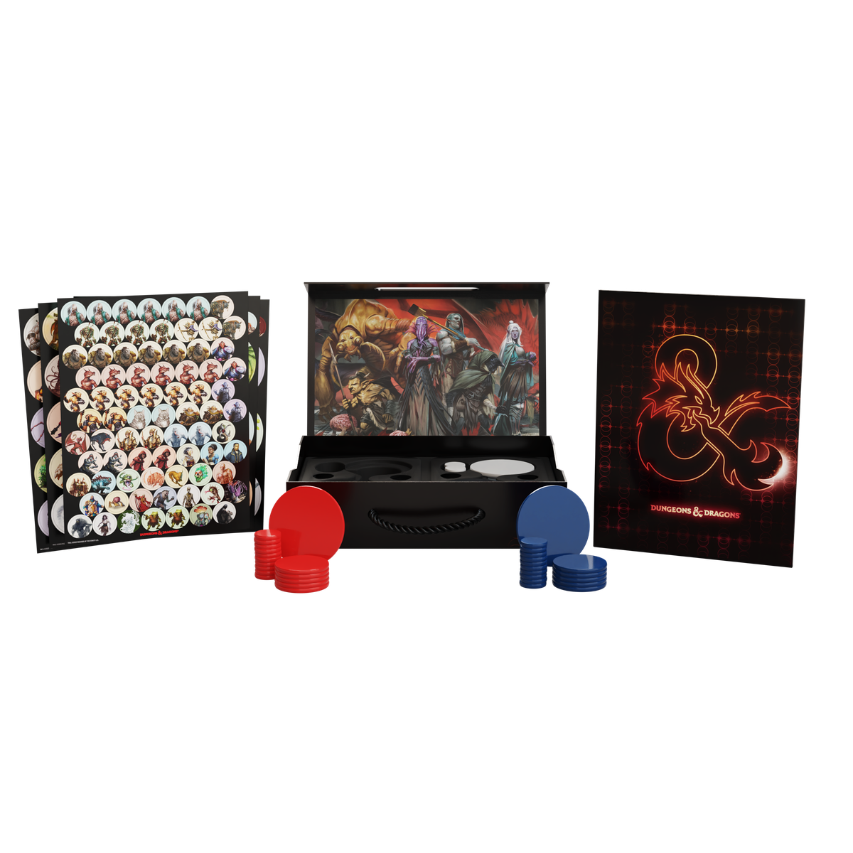 A product image showing illustrated stickers, several sizes of plastic tokens, and the carrying case for the Creature Campaign Case.