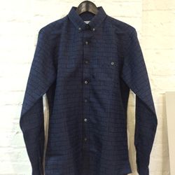 Blue digital broken plaid cotton/linen button collar shirt, $90 (was $375)