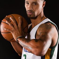 Utah Jazz guard George Hill (3) Utah Jazz players gather for media day at their practice facility in Salt Lake City on Monday, Sept. 26, 2016. 