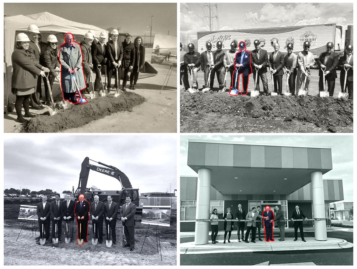 Ald. Edward M. Burke’s appearances at groundbreakings and a ribbon-cutting in the 14th Ward in 2018. Clockwise from top left: Esperanza Brighton Park health center at 4700 S. California Ave.; Amigos Foods facility at 51st Street and St. Louis Avenue; DaVi