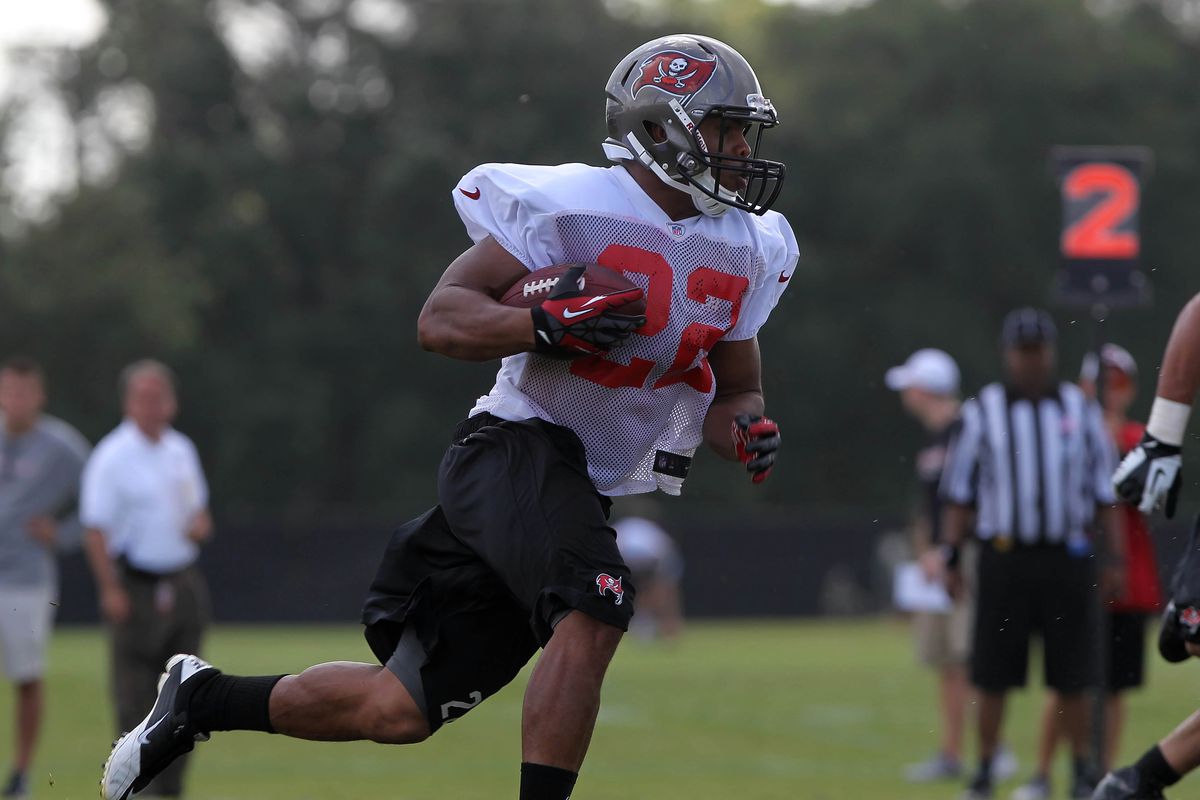 July 28, 2012; Tampa, FL, USA;  Tampa Bay Buccaneers running back Doug Martin (22) runs with the ball during training camp at One Buc Place. Mandatory Credit: Kim Klement-US PRESSWIRE