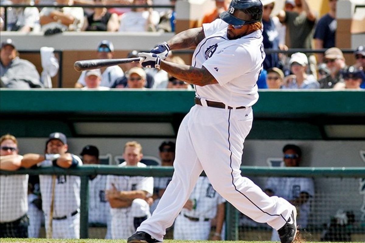 March 14, 2012; Lakeland, FL, USA; Detroit Tigers first baseman Prince Fielder (28) hits a two run homerun against the New York Mets during the bottom of the fourth inning of a spring training game at Joker Marchant Stadium. 